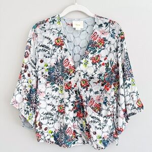 Anthropologie Maeve Umi Silk Velvet Floral Print Colorful Boho Kimono Top XS